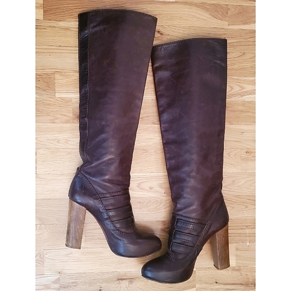 Chloe Three Buckle Wooden Heel Knee-high Leather Boot Size US 7 Brown - Picture 14 of 15